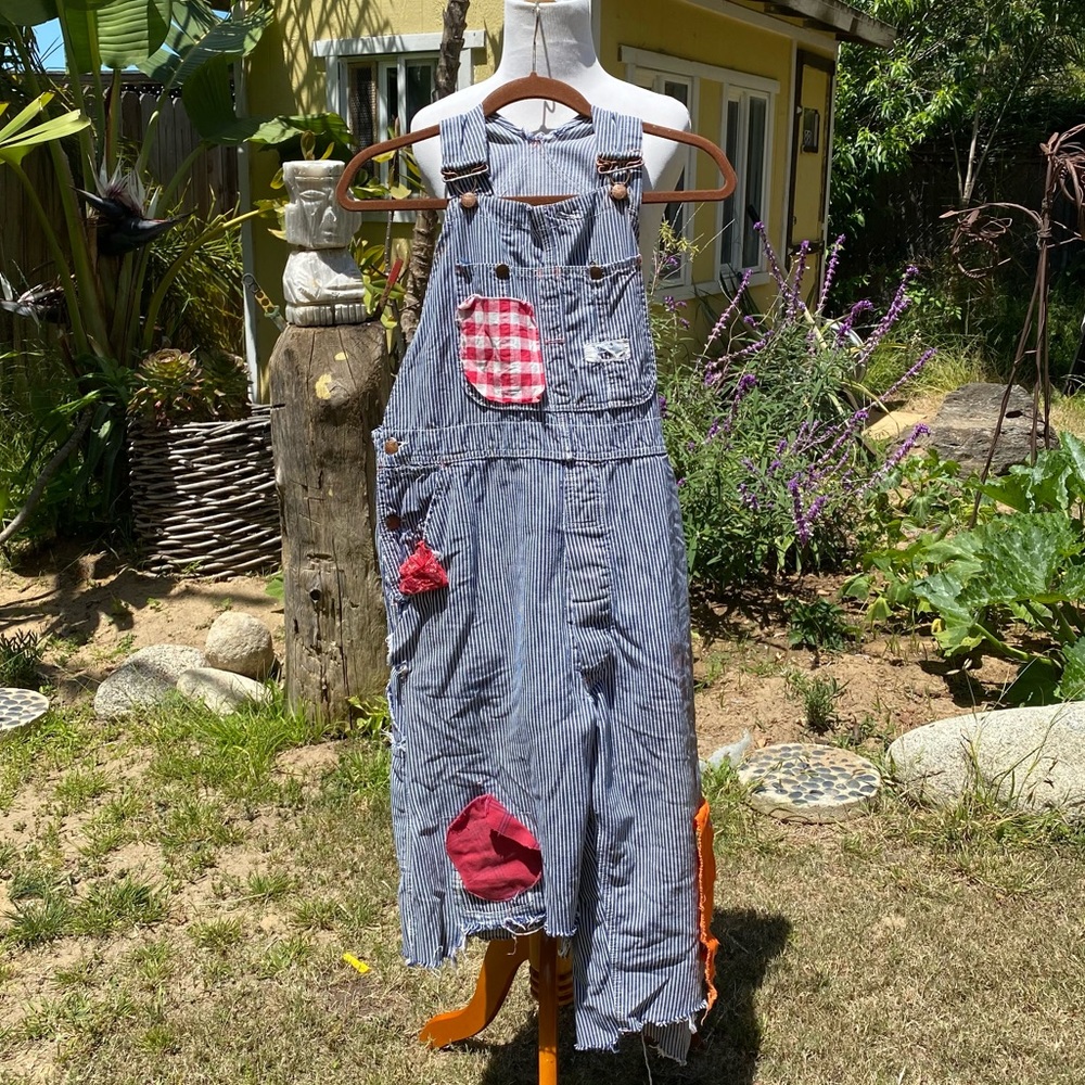 1960s Vintage Round House Patched Striped Overalls